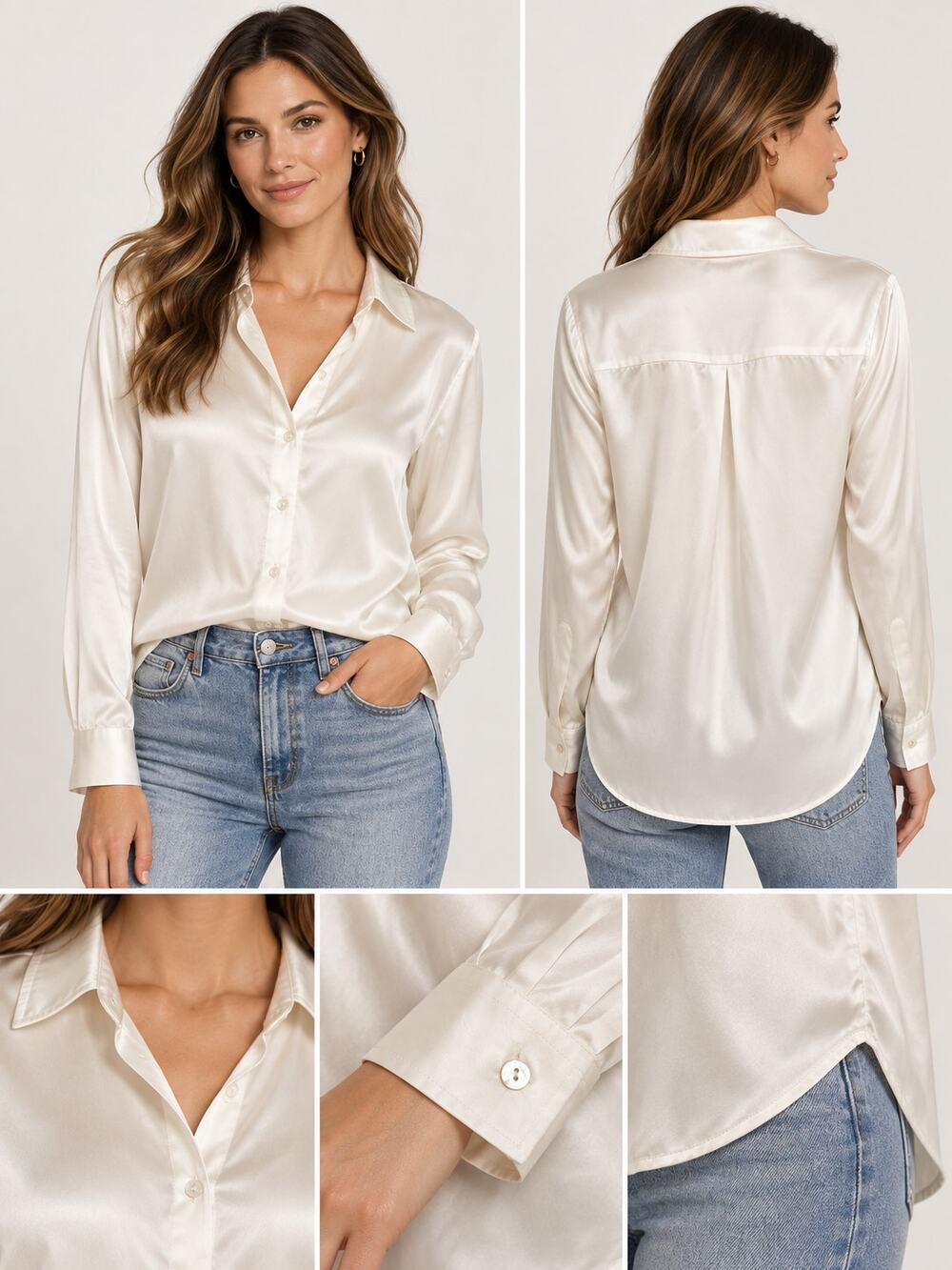 L’AGENCE Women's S/P Ivory Satin Button Down Blouse Long Sleeve NWOT